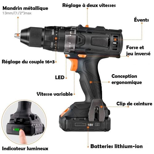 Perceuse Visseuse sans Fil 18 V TACKLIFE, 60 Nm, 43 Pcs, 2 Vitesses, Charge Rapide 1h, 2 Batteries, Perceuse à Percussion